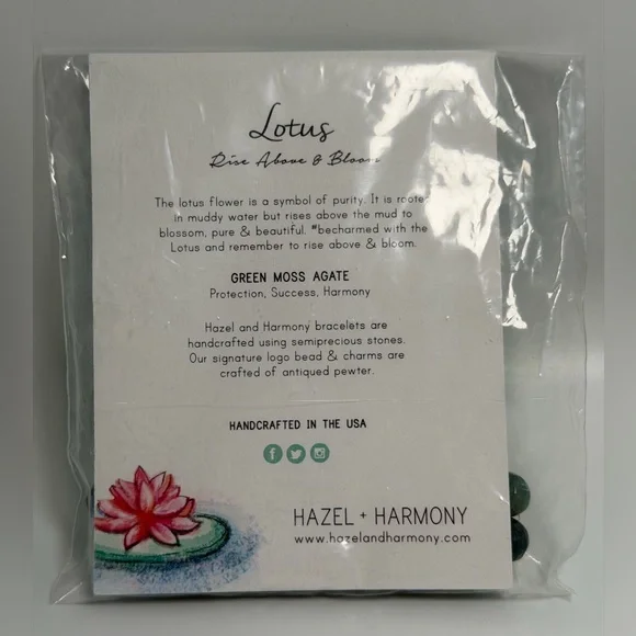 Moss Agate & Pewter Lotus Charm Stretch Bracelet NIP - Hazel and Harmony - Picture 13 of 13